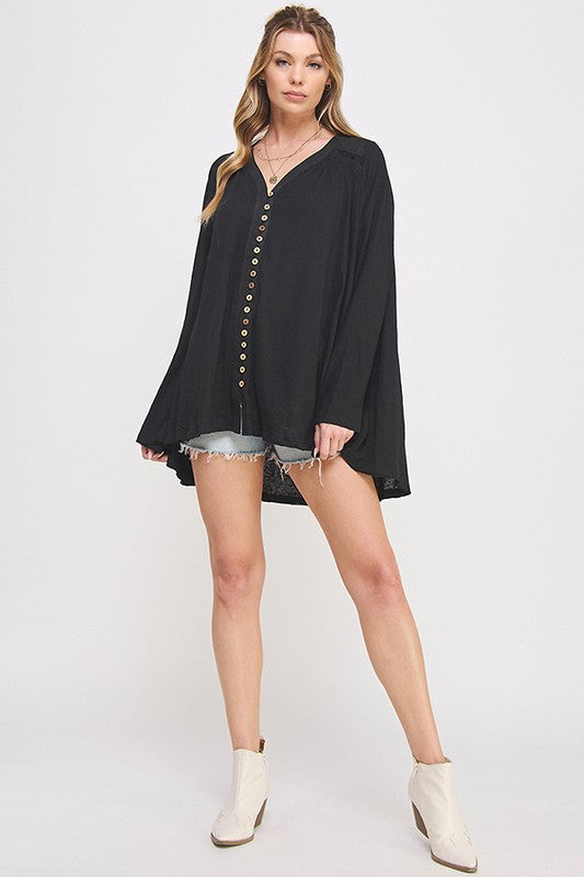 Long Sleeve V-Neck Oversized Button Down Tunic | Modern Boutique Fashion