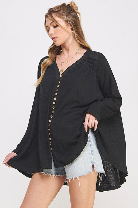 Long Sleeve V-Neck Oversized Button Down Tunic | Modern Boutique Fashion