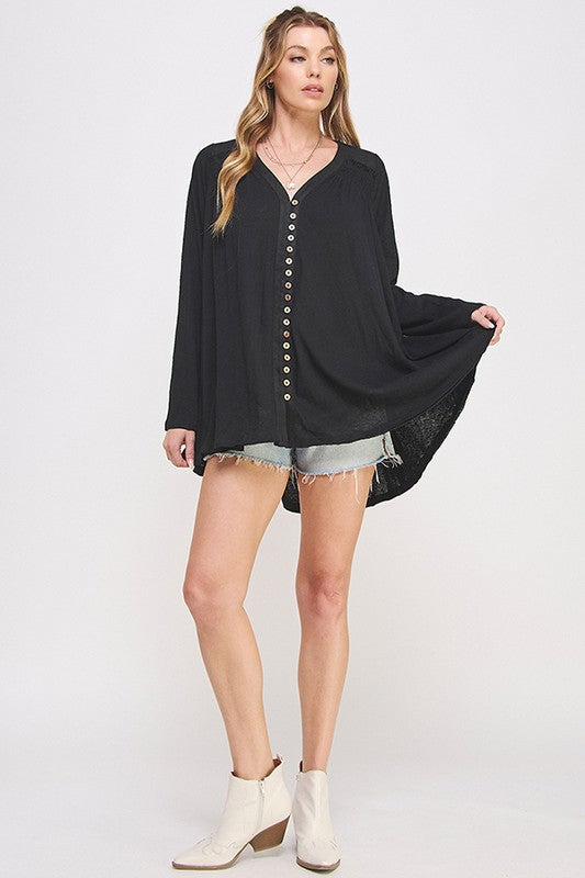 Long Sleeve V-Neck Oversized Button Down Tunic | Modern Boutique Fashion