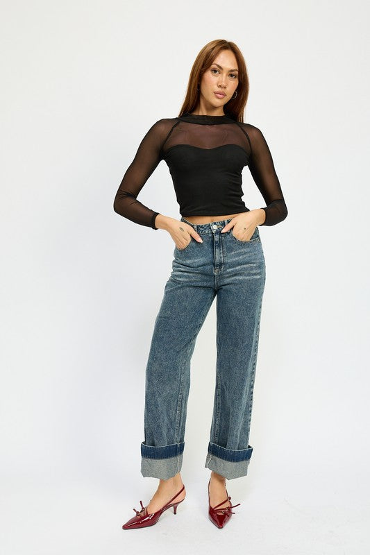 Contrasted Sheer Ruched Top