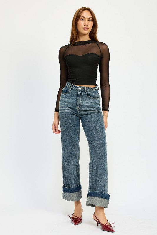 Contrasted Sheer Ruched Top