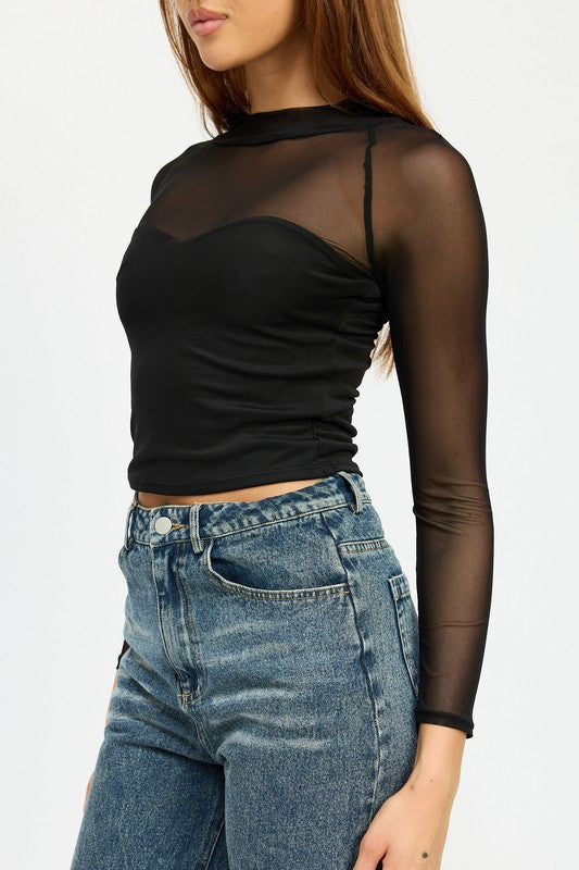 Contrasted Sheer Ruched Top