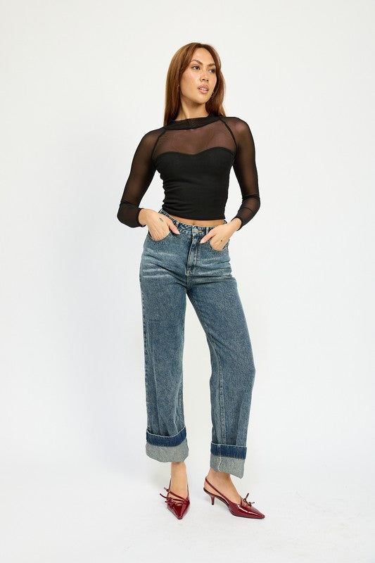 Contrasted Sheer Ruched Top