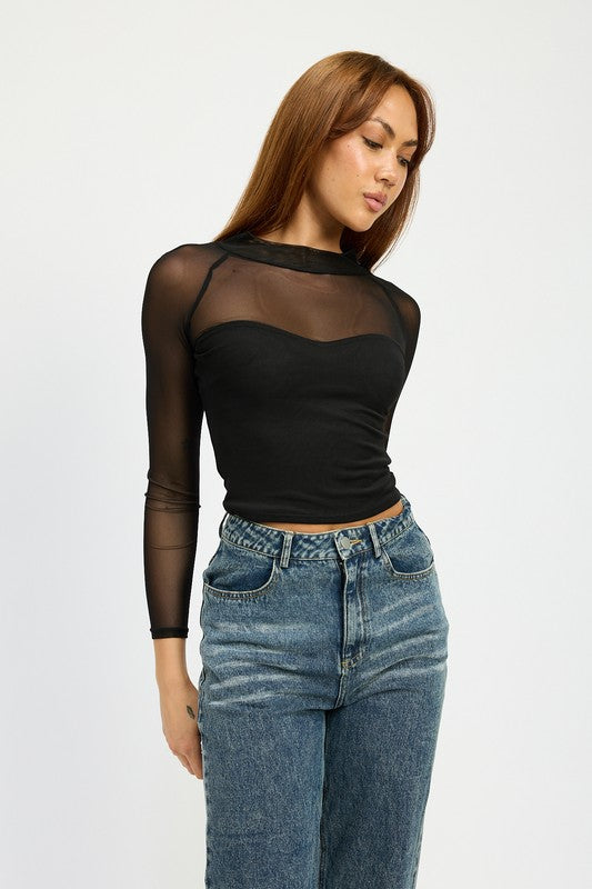 Contrasted Sheer Ruched Top