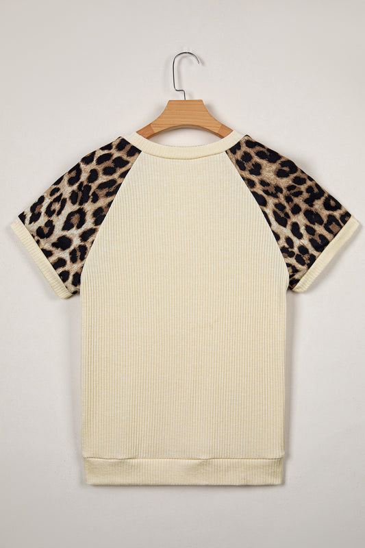 Leopard Colorblock Ribbed Raglan Short Sleeve Tee
