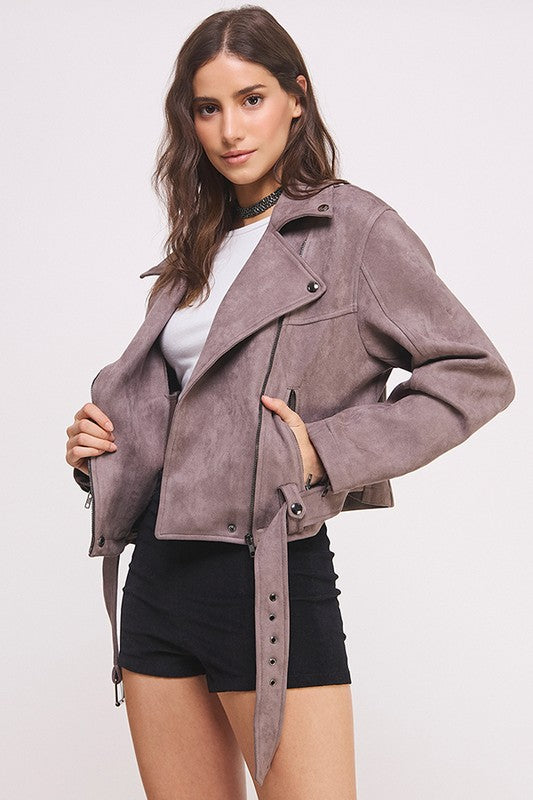 Belted Long Sleeve Zippered Suede Moto Jacket | Modern Boutique Fashion