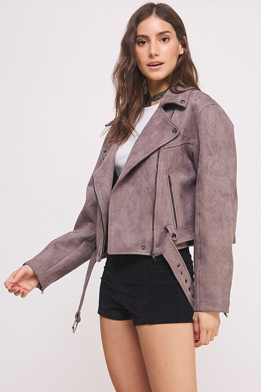 Belted Long Sleeve Zippered Suede Moto Jacket | Modern Boutique Fashion
