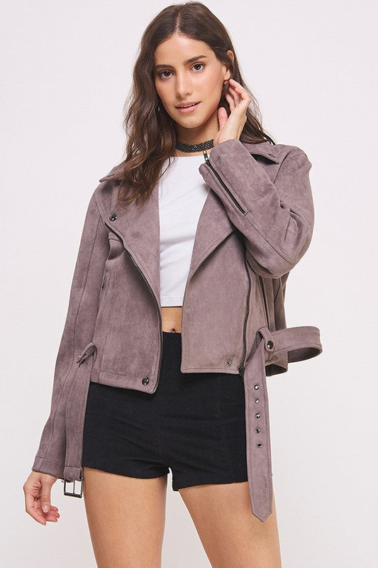 Belted Long Sleeve Zippered Suede Moto Jacket | Modern Boutique Fashion