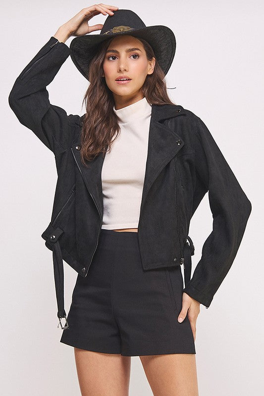 Belted Long Sleeve Zippered Suede Moto Jacket | Modern Boutique Fashion