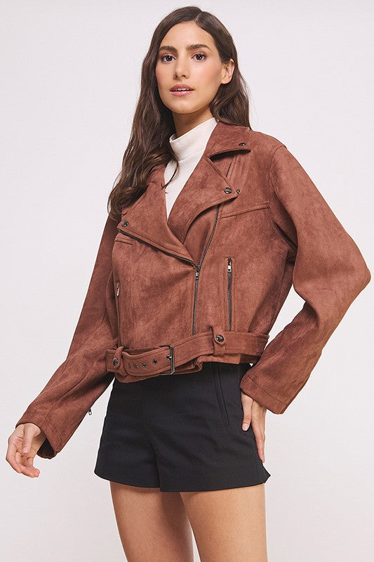 Belted Long Sleeve Zippered Suede Moto Jacket | Modern Boutique Fashion