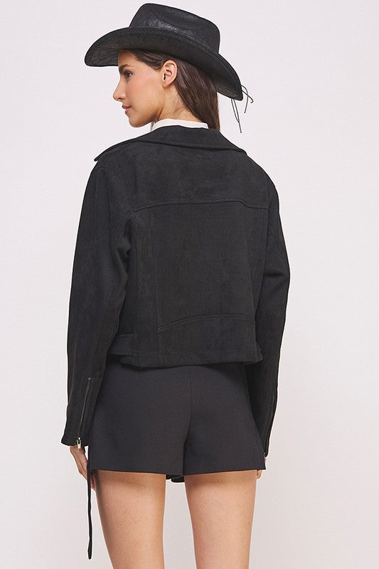 Belted Long Sleeve Zippered Suede Moto Jacket | Modern Boutique Fashion