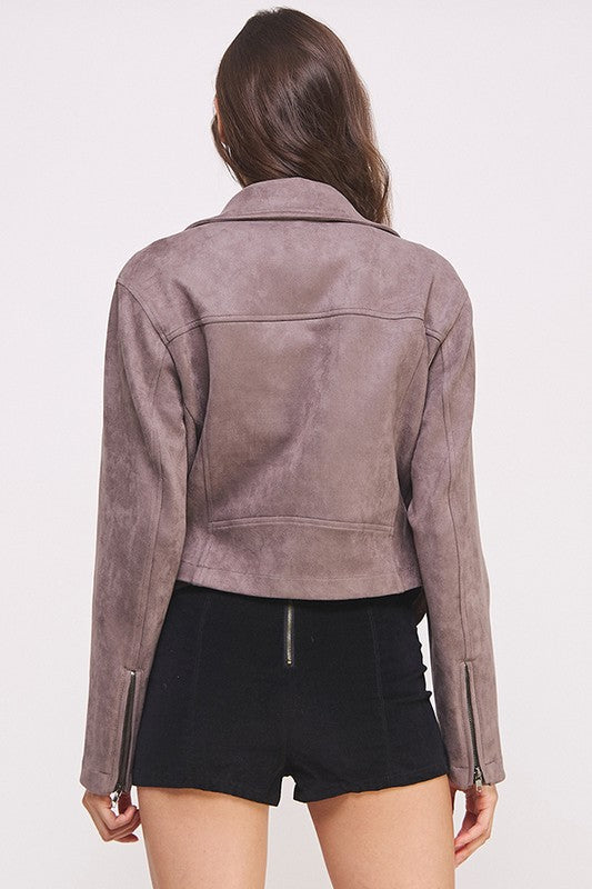 Belted Long Sleeve Zippered Suede Moto Jacket | Modern Boutique Fashion