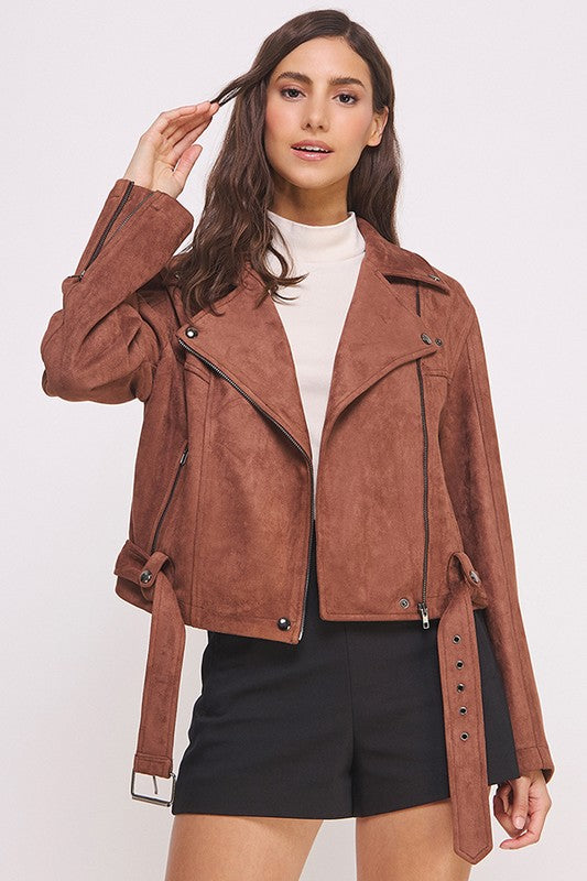 Belted Long Sleeve Zippered Suede Moto Jacket | Modern Boutique Fashion