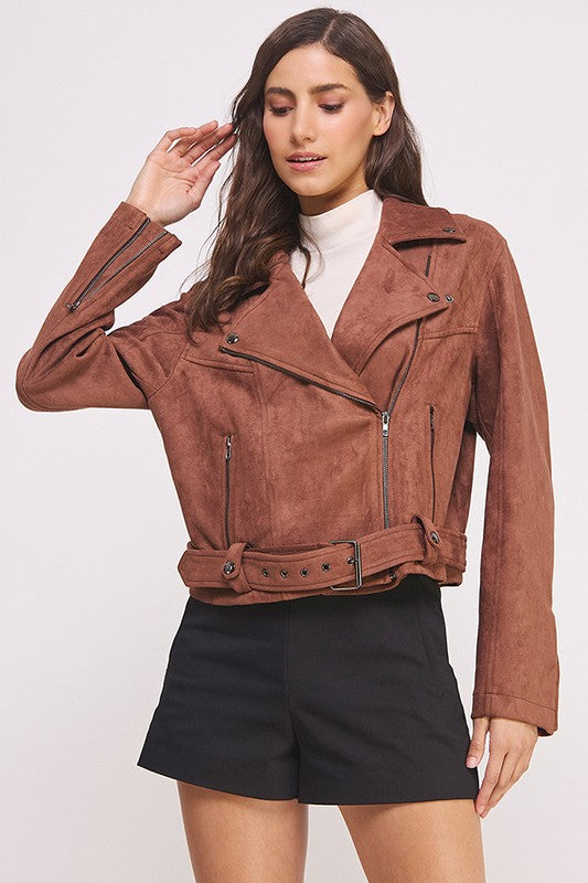Belted Long Sleeve Zippered Suede Moto Jacket | Modern Boutique Fashion
