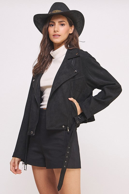 Belted Long Sleeve Zippered Suede Moto Jacket | Modern Boutique Fashion