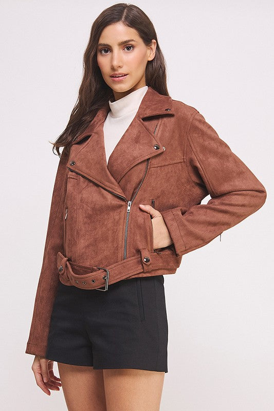 Belted Long Sleeve Zippered Suede Moto Jacket | Modern Boutique Fashion