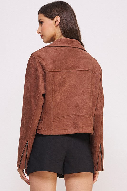 Belted Long Sleeve Zippered Suede Moto Jacket | Modern Boutique Fashion