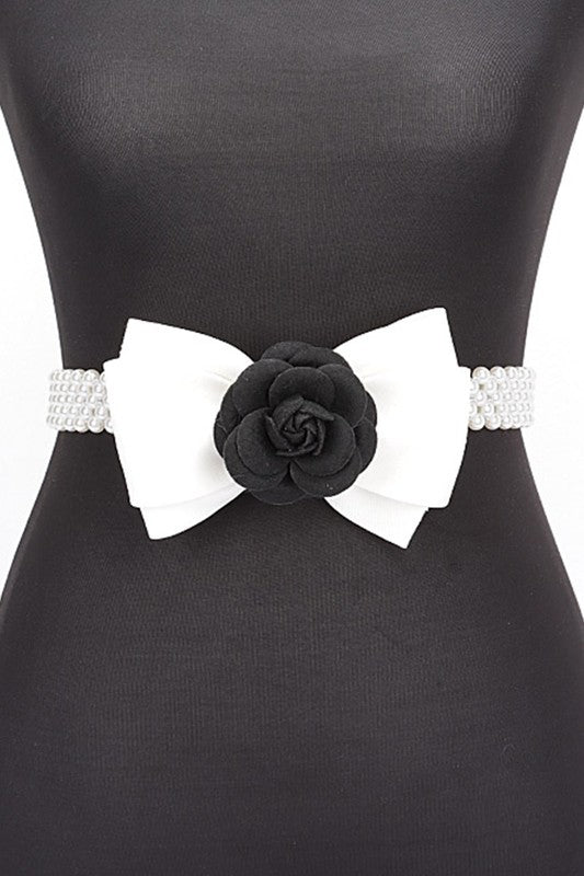 Camellia Rose Flower Ribbon Pearl Stretch Belt | Modern Boutique Fashion
