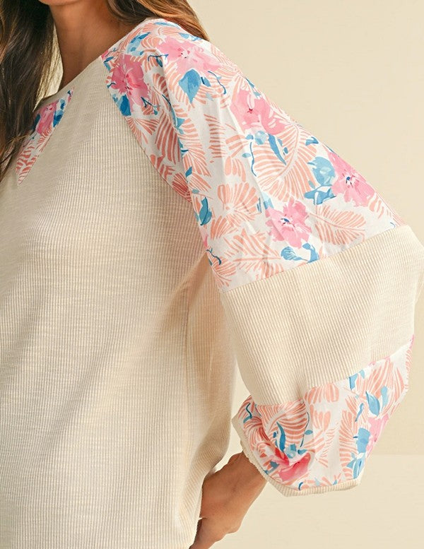 Cotton Ribbed Floral Stitch Balloon Pull Over | Modern Boutique Fashion