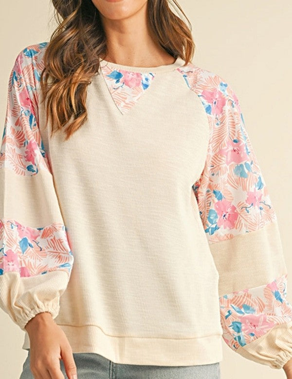 Cotton Ribbed Floral Stitch Balloon Pull Over | Modern Boutique Fashion