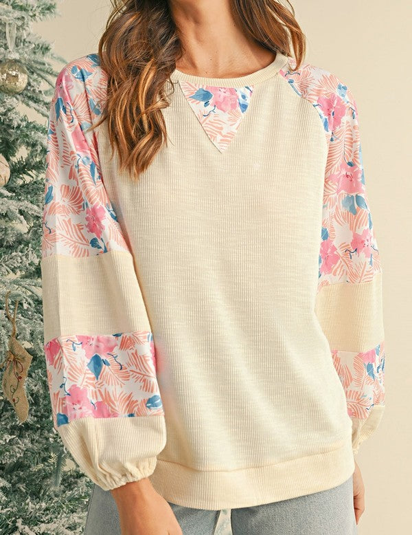 Cotton Ribbed Floral Stitch Balloon Pull Over | Modern Boutique Fashion