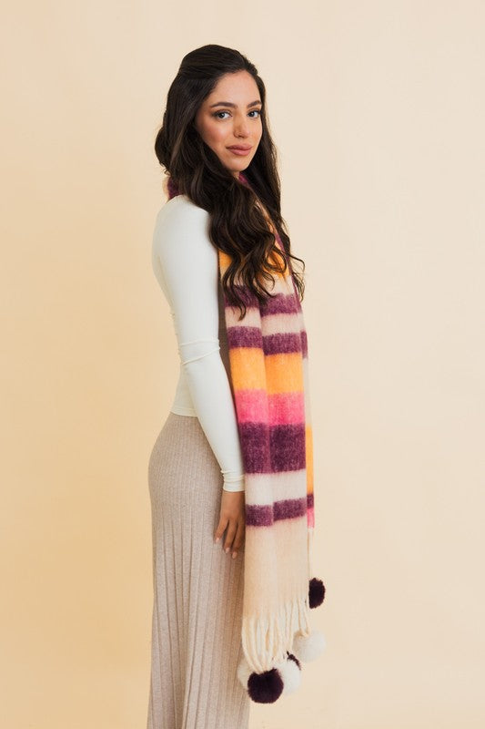 Contrast Color Stripes Chunky Pom Tassel Scarf | Modern Boutique Fashion