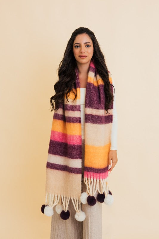 Contrast Color Stripes Chunky Pom Tassel Scarf | Modern Boutique Fashion