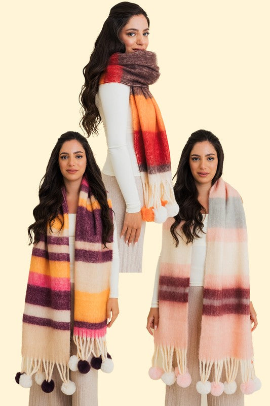 Contrast Color Stripes Chunky Pom Tassel Scarf | Modern Boutique Fashion
