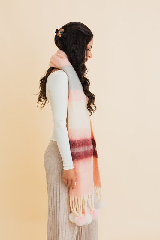 Contrast Color Stripes Chunky Pom Tassel Scarf | Modern Boutique Fashion
