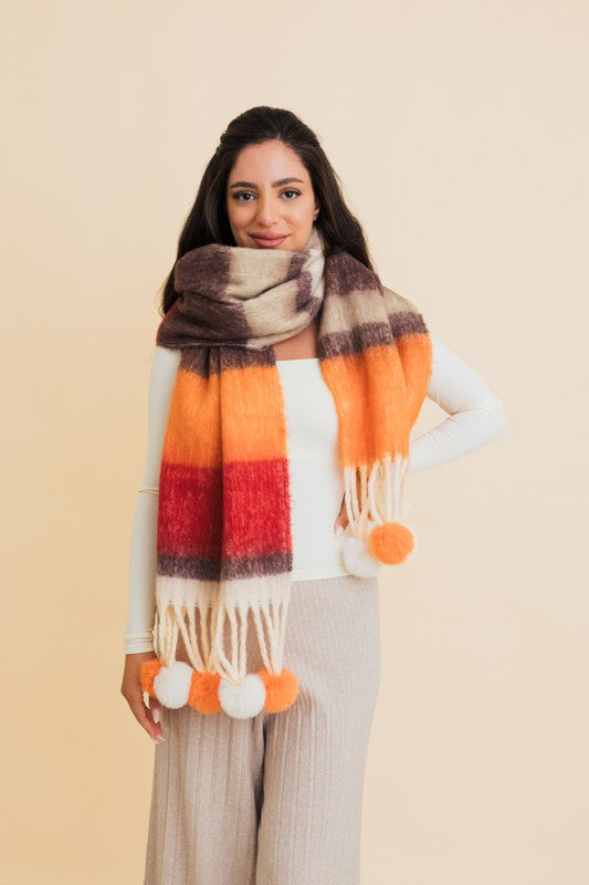 Contrast Color Stripes Chunky Pom Tassel Scarf | Modern Boutique Fashion