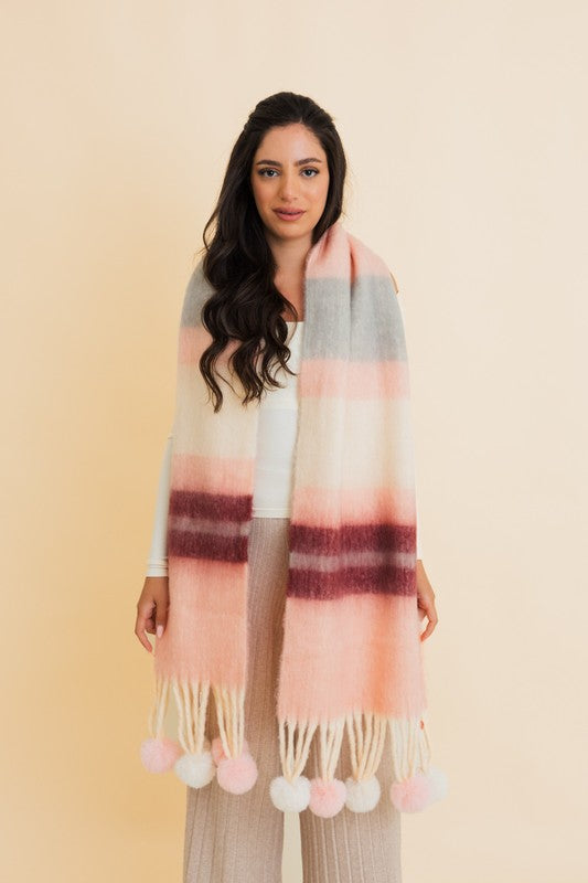Contrast Color Stripes Chunky Pom Tassel Scarf | Modern Boutique Fashion