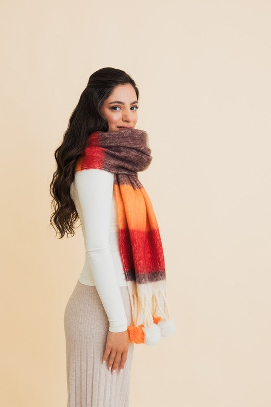 Contrast Color Stripes Chunky Pom Tassel Scarf | Modern Boutique Fashion
