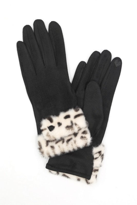 Leopard Printed Fur Trim Sueded Smart Gloves | Modern Boutique Fashion