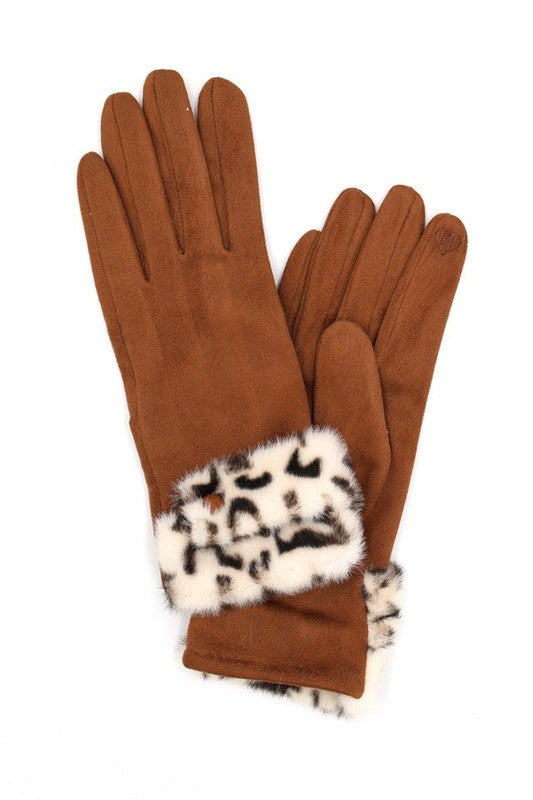 Leopard Printed Fur Trim Sueded Smart Gloves | Modern Boutique Fashion