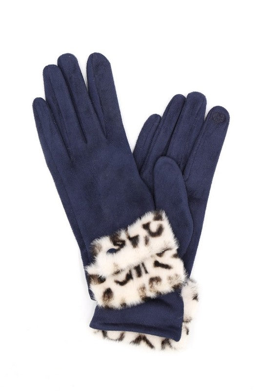 Leopard Printed Fur Trim Sueded Smart Gloves | Modern Boutique Fashion