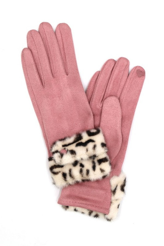 Leopard Printed Fur Trim Sueded Smart Gloves | Modern Boutique Fashion