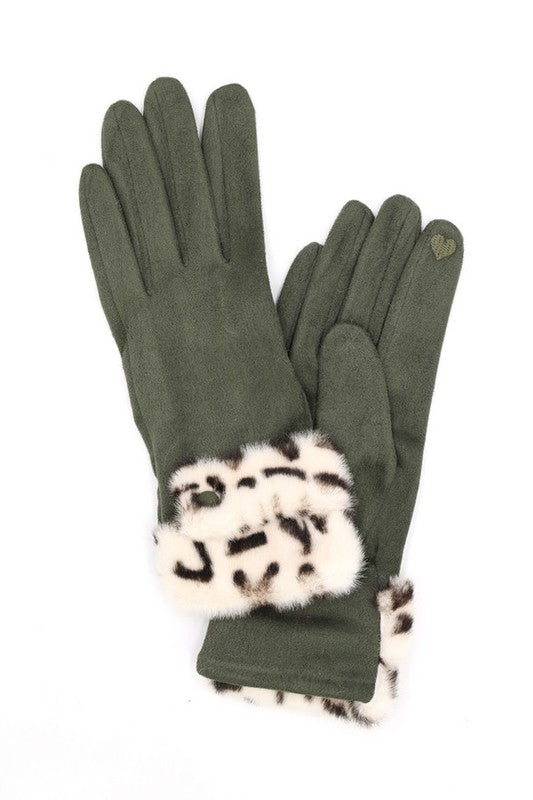 Leopard Printed Fur Trim Sueded Smart Gloves | Modern Boutique Fashion