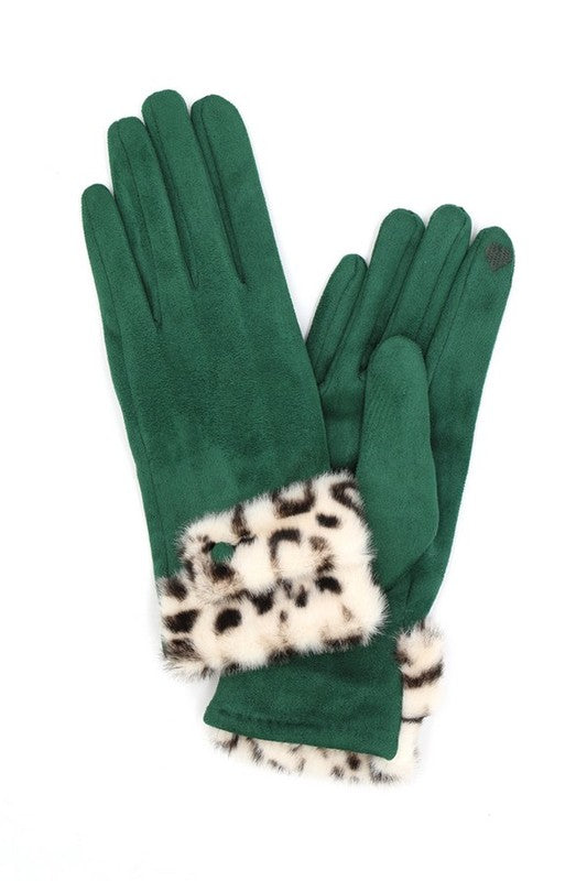 Leopard Printed Fur Trim Sueded Smart Gloves | Modern Boutique Fashion