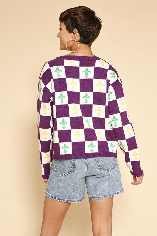 Mardi gras checkered tie front cardigans