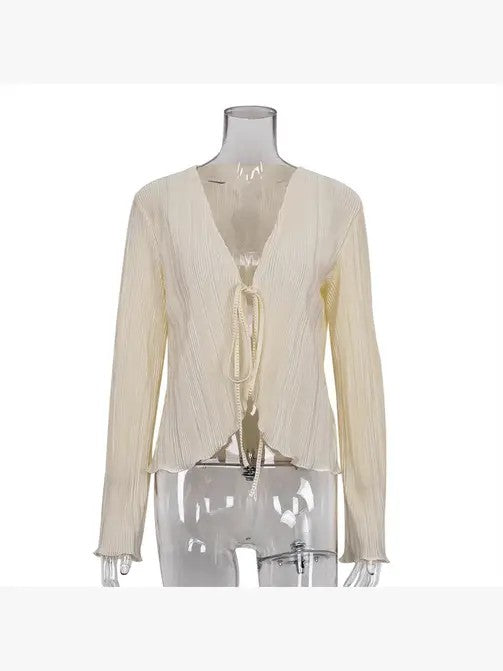 Front tie V-neck long sleeve