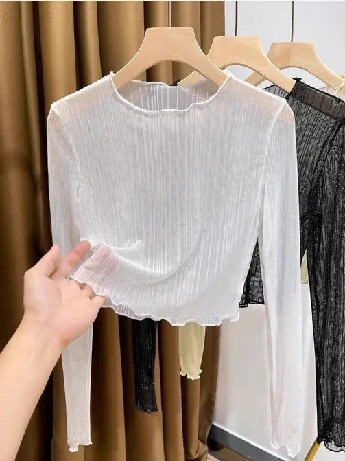 Cropped Mesh Long Sleeve Top