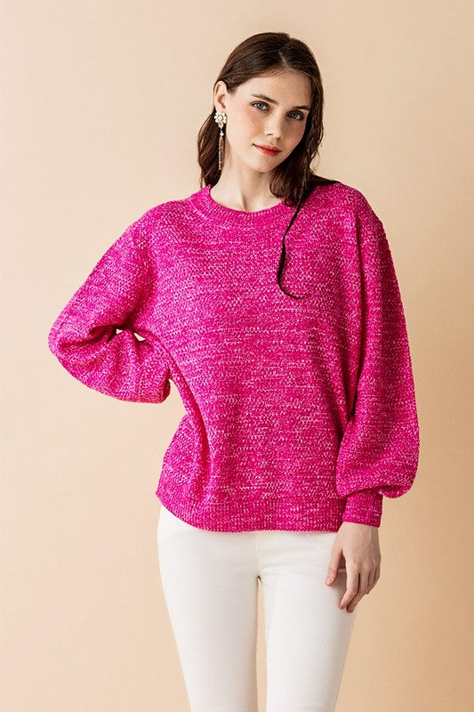 Plus Round Neck Balloon Sleeve Heathered Sweater