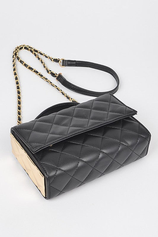 Gold Trim Quilted Handle Crossbody Bag