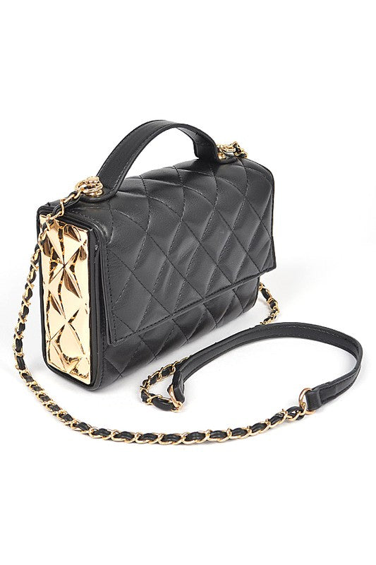 Gold Trim Quilted Handle Crossbody Bag