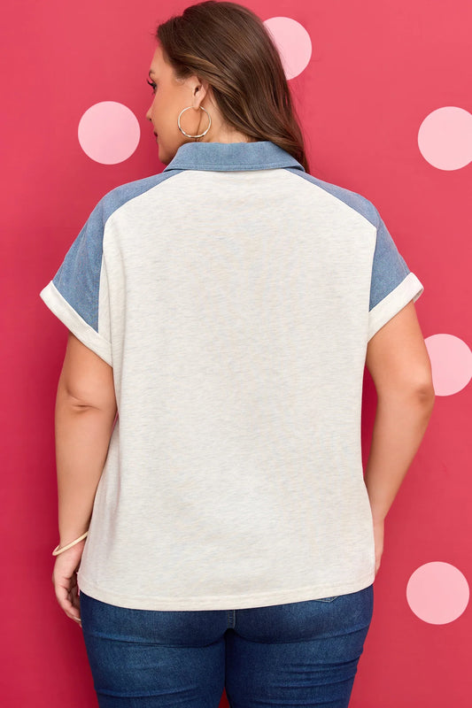 Plus Size Denim Patchwork Cuff Sleeve Polo Tee
