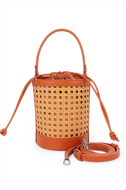 Peforated Bamboo Braided Convertible Bucket Bag
