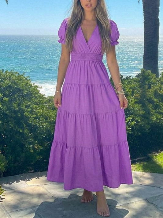 Solid V-Neck Short Puff Sleeve Tired Maxi Dress