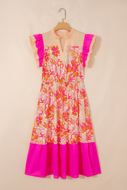 Floral Colorblock Ruffle Short Sleeve Midi Dress