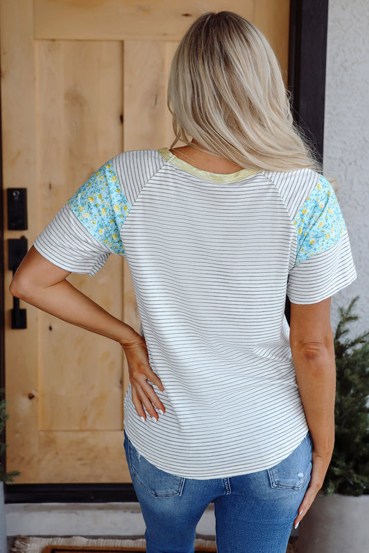 Floral Contrast Stripe Patchwork Raglan Sleeve Tee