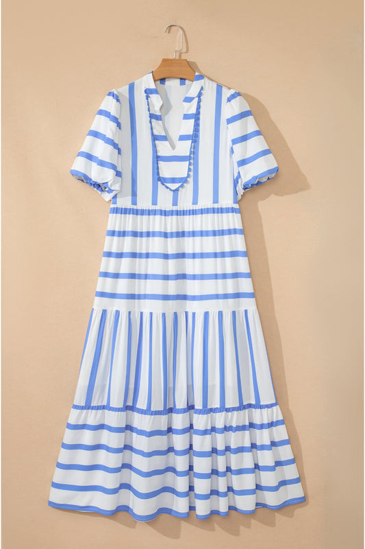 Stripe Ricrac Trim Short Sleeve Midi Dress